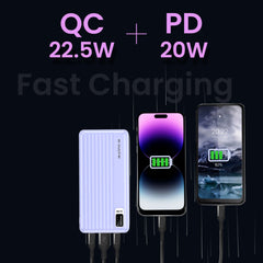 E GATE 102B Powerbank | 10000mAh | 22.5W Fast Charging | QC + PD | Dual Input Port : Type C & Micro USB | Triple Output Port : 2X USB & Type C | LED Indicator| for All iPhone & Android (Lavender)