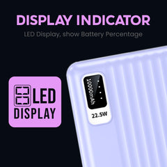 E GATE 102B Powerbank | 10000mAh | 22.5W Fast Charging | QC + PD | Dual Input Port : Type C & Micro USB | Triple Output Port : 2X USB & Type C | LED Indicator| for All iPhone & Android (Lavender)
