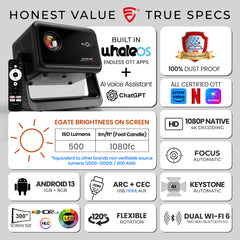 E Gate Duster 5X Pro | 100% Apps Certified Netflix, Prime | 100% Dust Proof | Fully Automatic Native 1080p Projector | Android 13 + Live TV | Voice-BT Remote, ScreenFree, 500 ISO, HDMI-ARC-WiFi6 EGATE