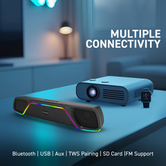 E GATE C207 |18Watt Bluetooth Soundbar, 52mm Driver, 2.0 Channel, Ambient RGB Light, Upto 18 Hrs* Backup from 2000 mAH Battery, Hands Free Call, TWS, AUX, USB, mSD, FM, BT 5.4v - eGate Sound bar