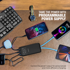 E GATE 105P Powerbank 10000mAh Fast Charging | Built-in Lightening & Type C Cable for iPhone, Android, TWS etc| Multi Device 22.5W Power Bank 5-in-1 Charger | USB X 2, Type C X 2 & Lightening (Black)