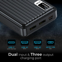 E GATE 204B Powerbank | 20000mAh | 22.5W Fast Charging | QC + PD | Dual Input Port : Type C & Micro USB | Triple Output Port : 2X USB & Type C | LED Indicator| for All iPhone & Android (Black)