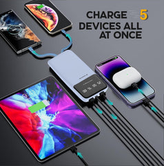 E GATE 105P Powerbank 10000mAh Fast Charging | Built-in Lightening & Type C Cable for iPhone, Android, TWS etc| Multi Device 22.5W Power Bank 5-in-1 Charger | USB X 2, Type C X 2 & Lightening (Blue)
