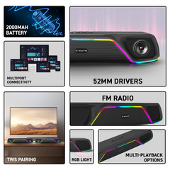 E GATE C207 |18Watt Bluetooth Soundbar, 52mm Driver, 2.0 Channel, Ambient RGB Light, Upto 18 Hrs* Backup from 2000 mAH Battery, Hands Free Call, TWS, AUX, USB, mSD, FM, BT 5.4v - eGate Sound bar