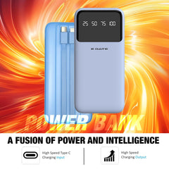 E GATE 105P Powerbank 10000mAh Fast Charging | Built-in Lightening & Type C Cable for iPhone, Android, TWS etc| Multi Device 22.5W Power Bank 5-in-1 Charger | USB X 2, Type C X 2 & Lightening (Blue)