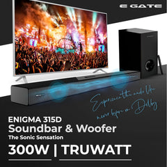 E GATE Enigma 315D, Dolby Digital Soundbar, 300W Virtual Surround 2.1 Home Theatre, Sound bar for TV with Mega 16.5cm Subwoofer | 3 EQ Mode, BT 5.3, HDMI (eARC),Optical, USB | eGate bluetooth speakers