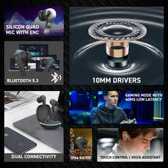 E GATE E33 Gaming Earbuds with 48 Hrs Playtime, Quad Mic ENC,Touch Control, Low Latency, BT v5.3 Bluetooth Ear Buds with Voice Assistant, 10mm Bass Dynamic Driver, Water Resitant Wireless Earphones