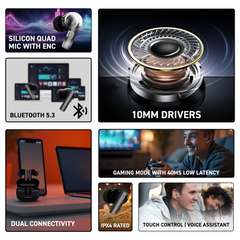 E GATE E30 Gaming Earbuds with 48 Hrs Playtime, Quad Mic ENC,Touch Control, Low Latency, BT v5.3 Bluetooth Ear Buds with Voice Assistant, 10mm Bass Dynamic Driver, Water Resitant Wireless Earphones