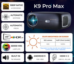 ই গেট কে৯ প্রো-ম্যাক্স (আপগ্রেডেড) অটোমেটিক প্রজেক্টর, ১৩৫০০ লুমেন এবং ৭৫০এফসি | ফুল এইচডি ১০৮০পি নেটিভ | অটো ফোকাস + অটো কিস্টোন | ৫৩৪ সেমি ম্যাক্স স্ক্রিন | এইচডিএমআই, ডুয়াল ওয়াইফাই এবং বিটি | অ্যান্ড্রয়েড, নেটফ্লিক্স, প্রাইম