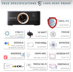 E GATE Duster 8X Projector | 100% Dust Proof | Automatic Android Projector | 800 ISO Lumen | 1080p Native & 4K HDR | HDMI ARC | 18watt DSP Audio, Voice Remote, 1GB-32GB, Triple Wifi6, Netflix, EGate