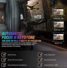 E GATE Duster 8X Projector | 100% Dust Proof | Automatic Android Projector | 800 ISO Lumen | 1080p Native & 4K HDR | HDMI ARC | 18watt DSP Audio, Voice Remote, 1GB-32GB, Triple Wifi6, Netflix, EGate