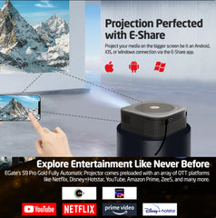 E GATE Duster 8X Projector | 100% Dust Proof | Automatic Android Projector | 800 ISO Lumen | 1080p Native & 4K HDR | HDMI ARC | 18watt DSP Audio, Voice Remote, 1GB-32GB, Triple Wifi6, Netflix, EGate