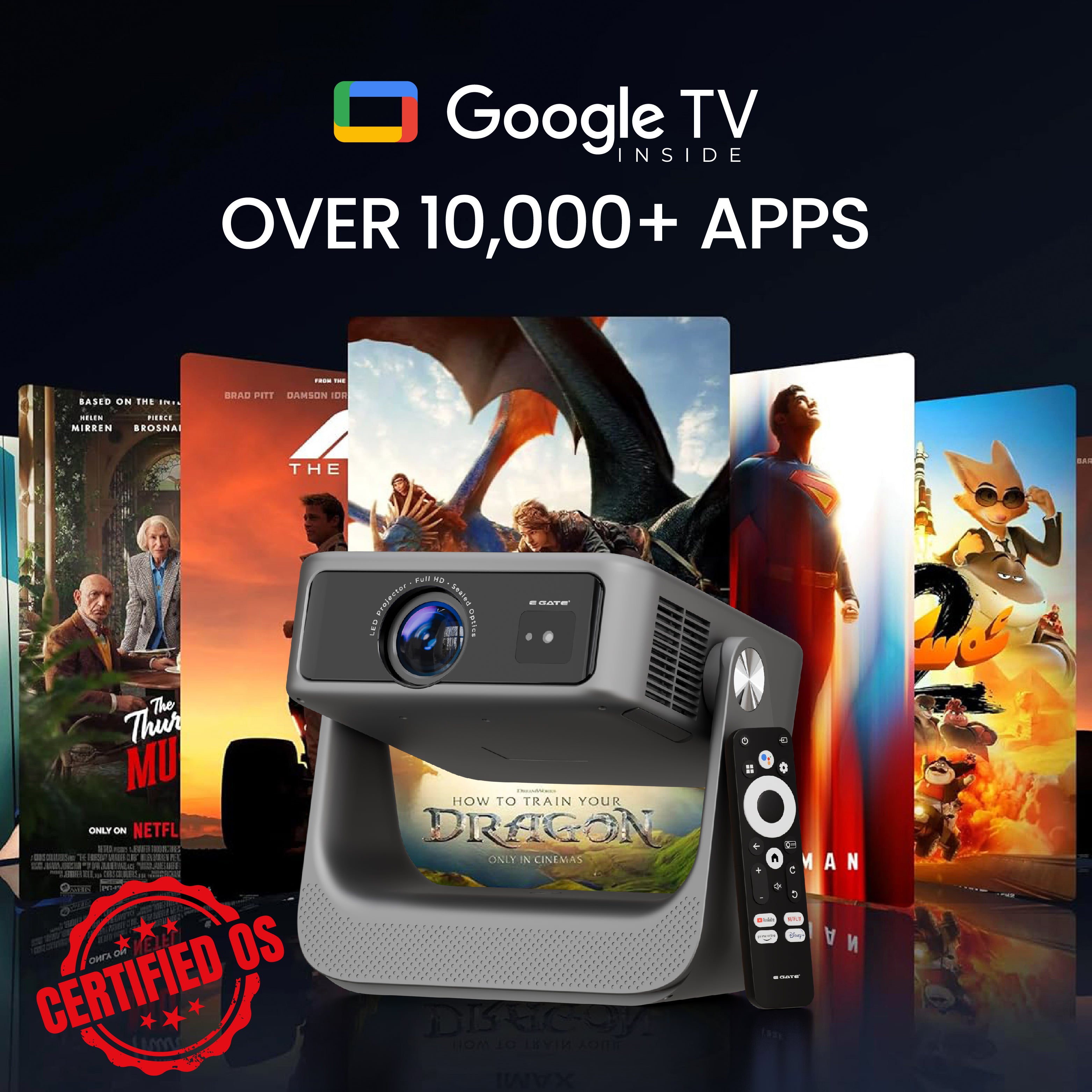 EGATE Zen 7X Google TV projector showing access to over 10,000 apps with remote control