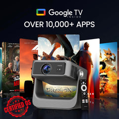EGATE Zen 7X Google TV projector showing access to over 10,000 apps with remote control