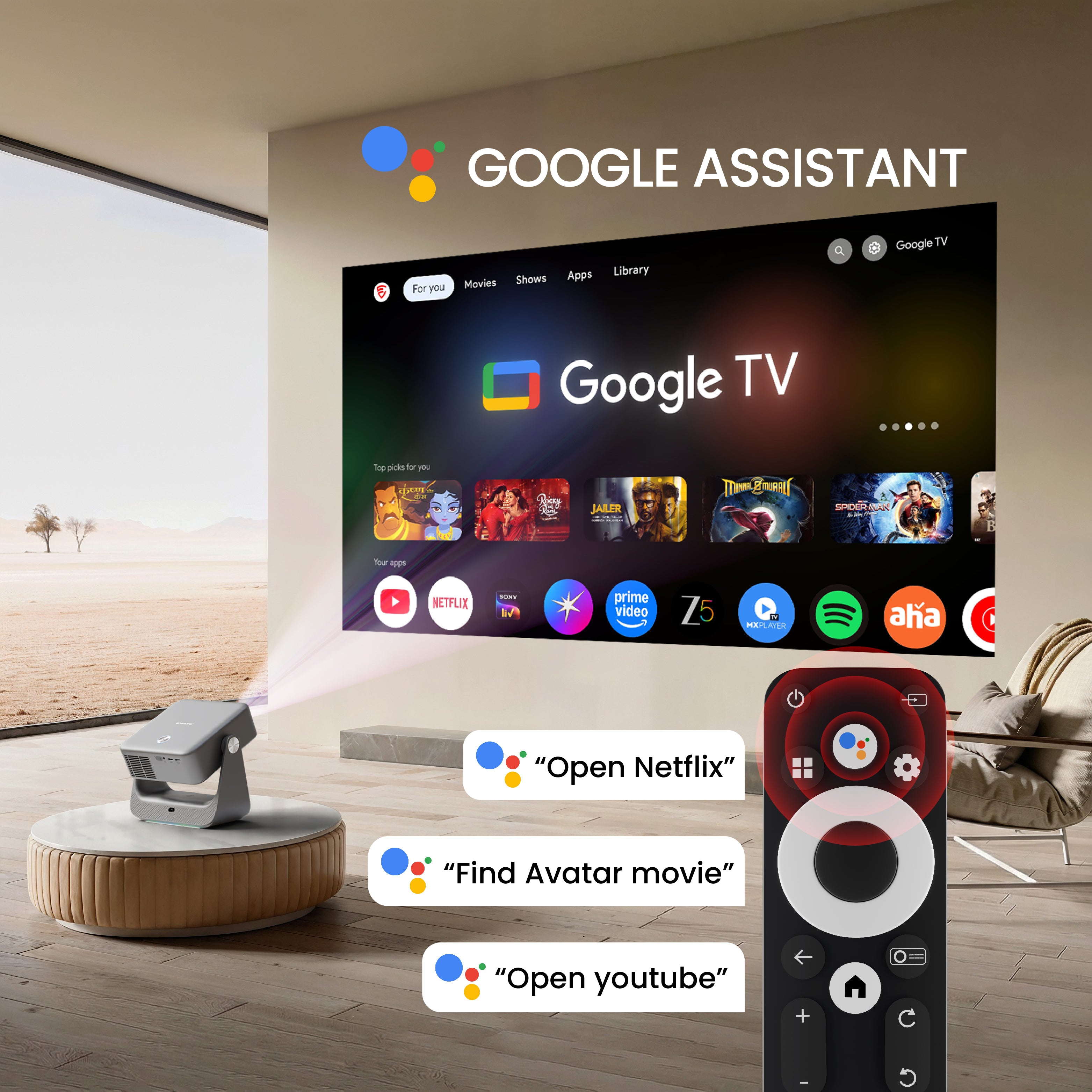 EGATE Zen 7X Google TV projector with Google Assistant voice control
