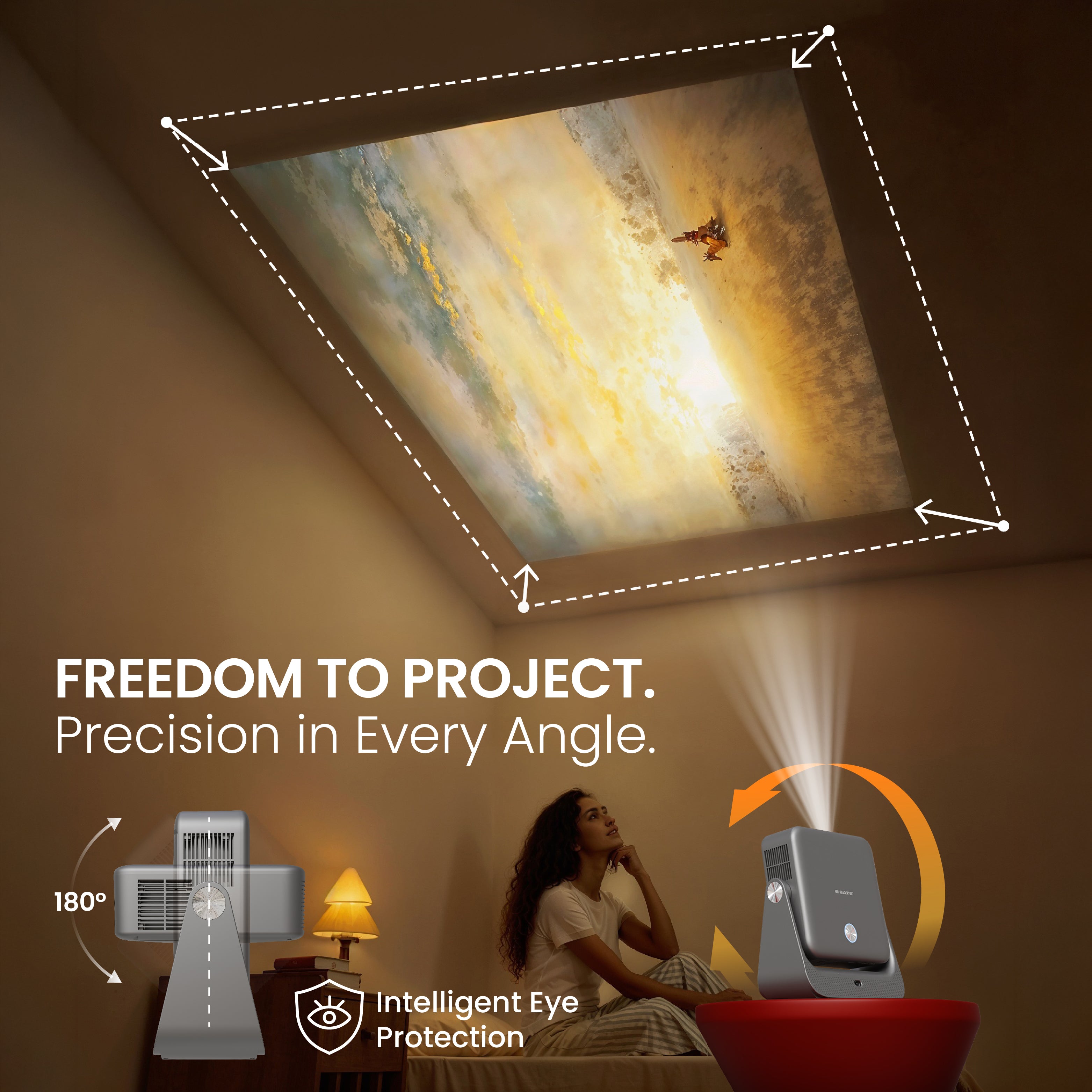 EGATE Zen 7X projector with 180° rotation for ceiling and angled projection