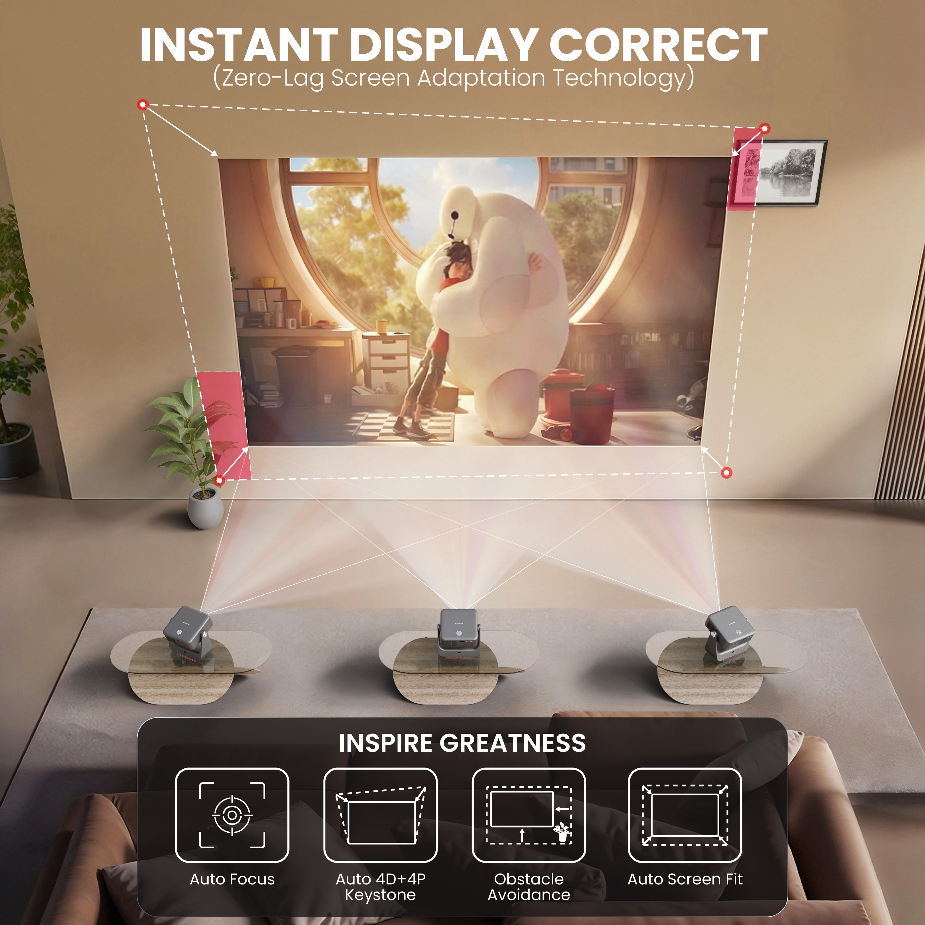 EGATE Zen 7X projector with instant display correction, auto keystone and auto screen fit