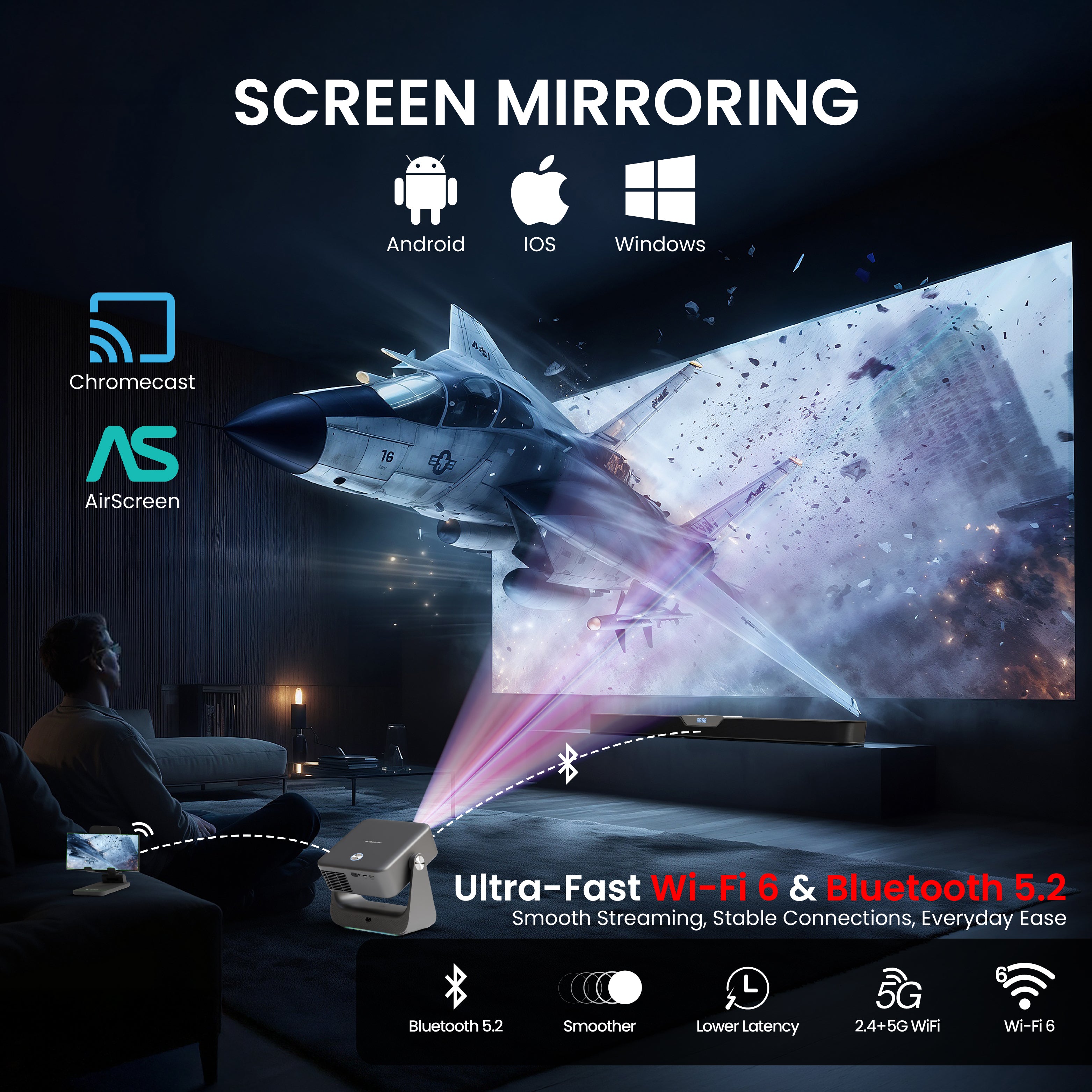 EGATE Zen 7X projector with screen mirroring support for Android, iOS and Windows