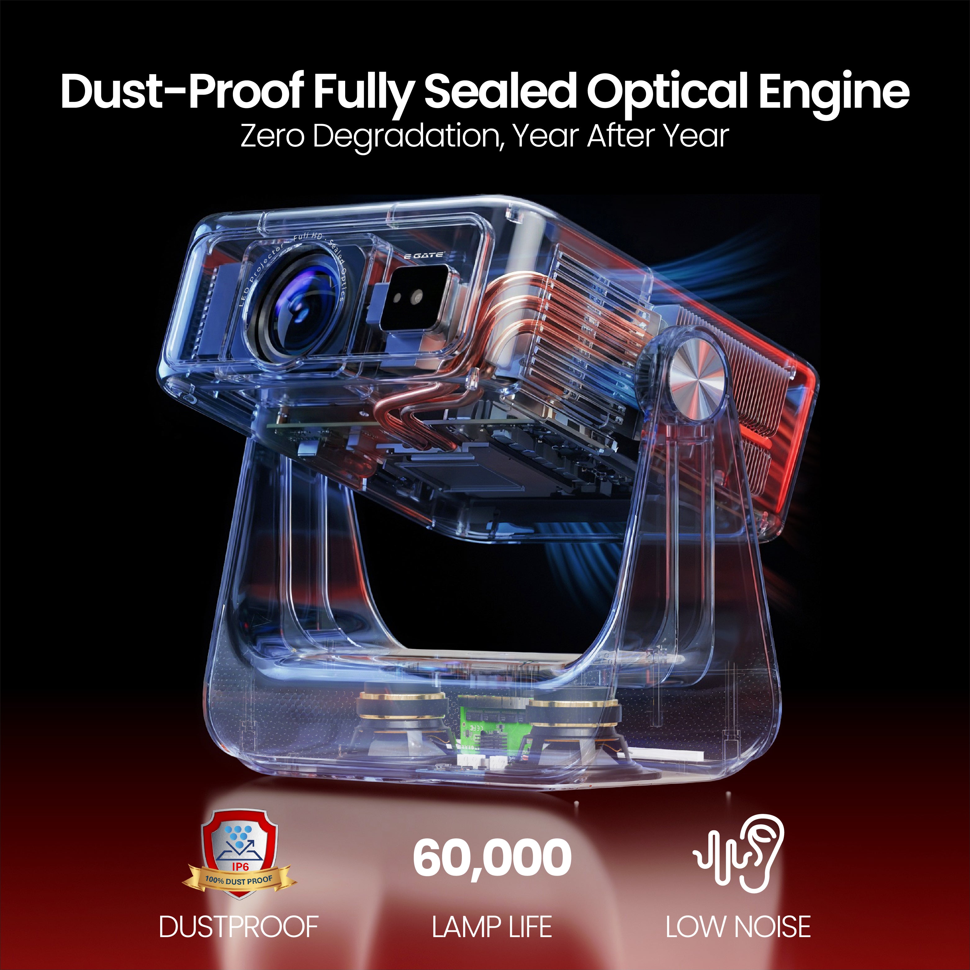 EGATE Zen 7X projector with dust-proof sealed optical engine and long-life lamp design