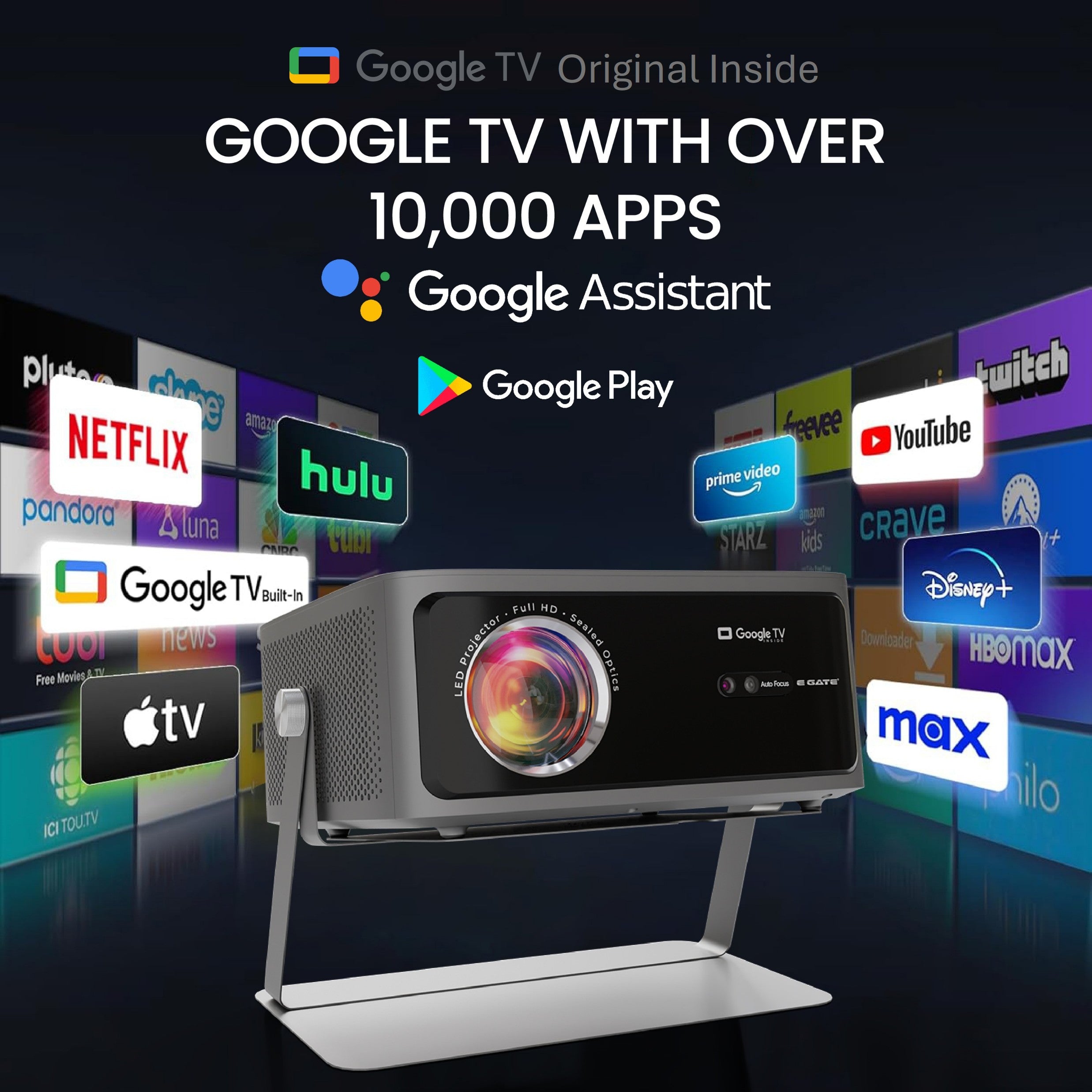 E Gate Zen 12X | Official Google TV & Netflix Inside | 100% Dust Proof | Brightest 1200 ISO | Native 1080p Projector 4K Ultra HD | Auto Keystone & Focus | ScreenFree | Dolby Audio-20W Speaker, EGATE