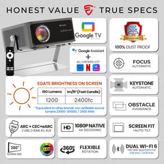 E Gate Zen 12X | Official Google TV & Netflix Inside | 100% Dust Proof | Brightest 1200 ISO | Native 1080p Projector 4K Ultra HD | Auto Keystone & Focus | ScreenFree | Dolby Audio-20W Speaker, EGATE