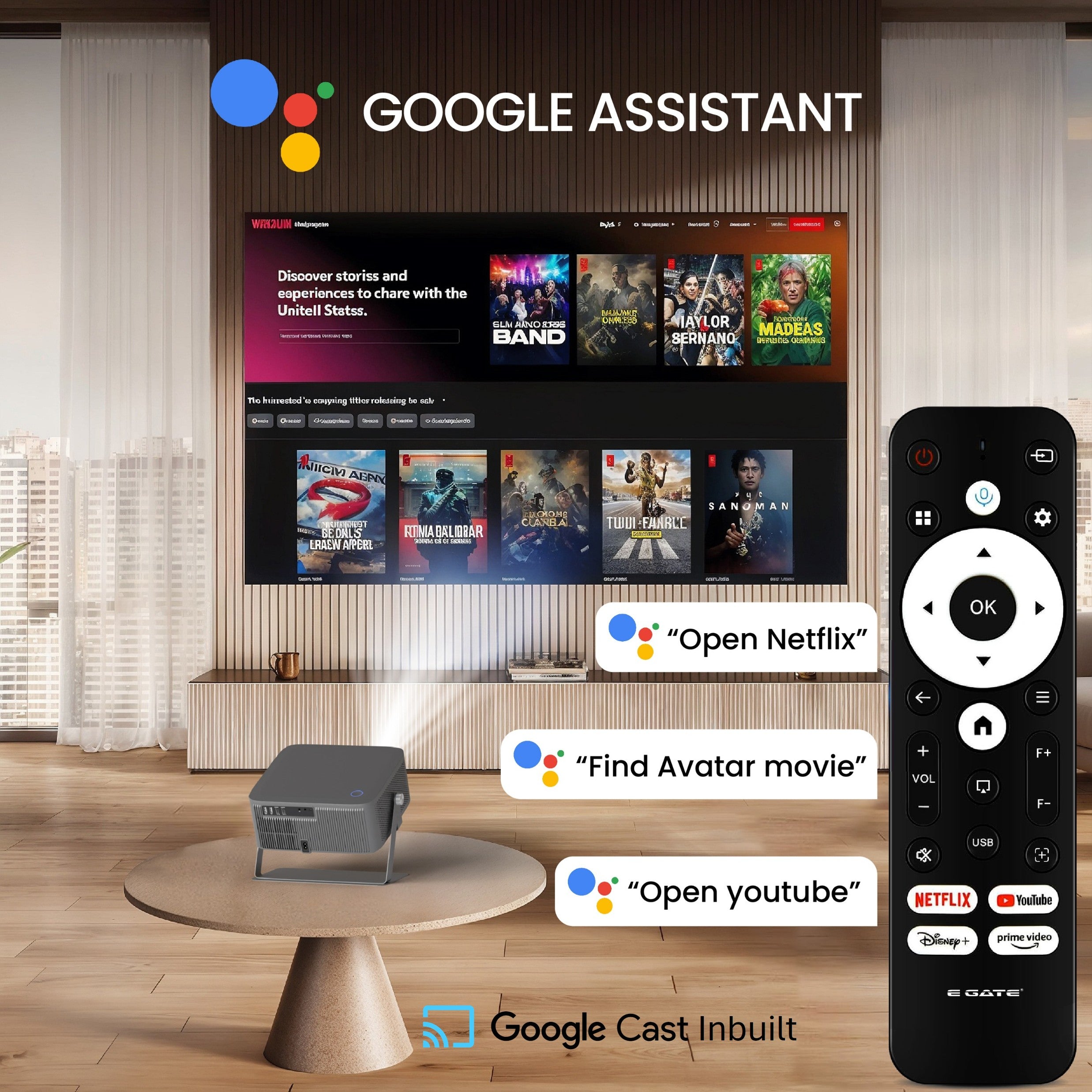 E Gate Zen 12X | Official Google TV & Netflix Inside | 100% Dust Proof | Brightest 1200 ISO | Native 1080p Projector 4K Ultra HD | Auto Keystone & Focus | ScreenFree | Dolby Audio-20W Speaker, EGATE