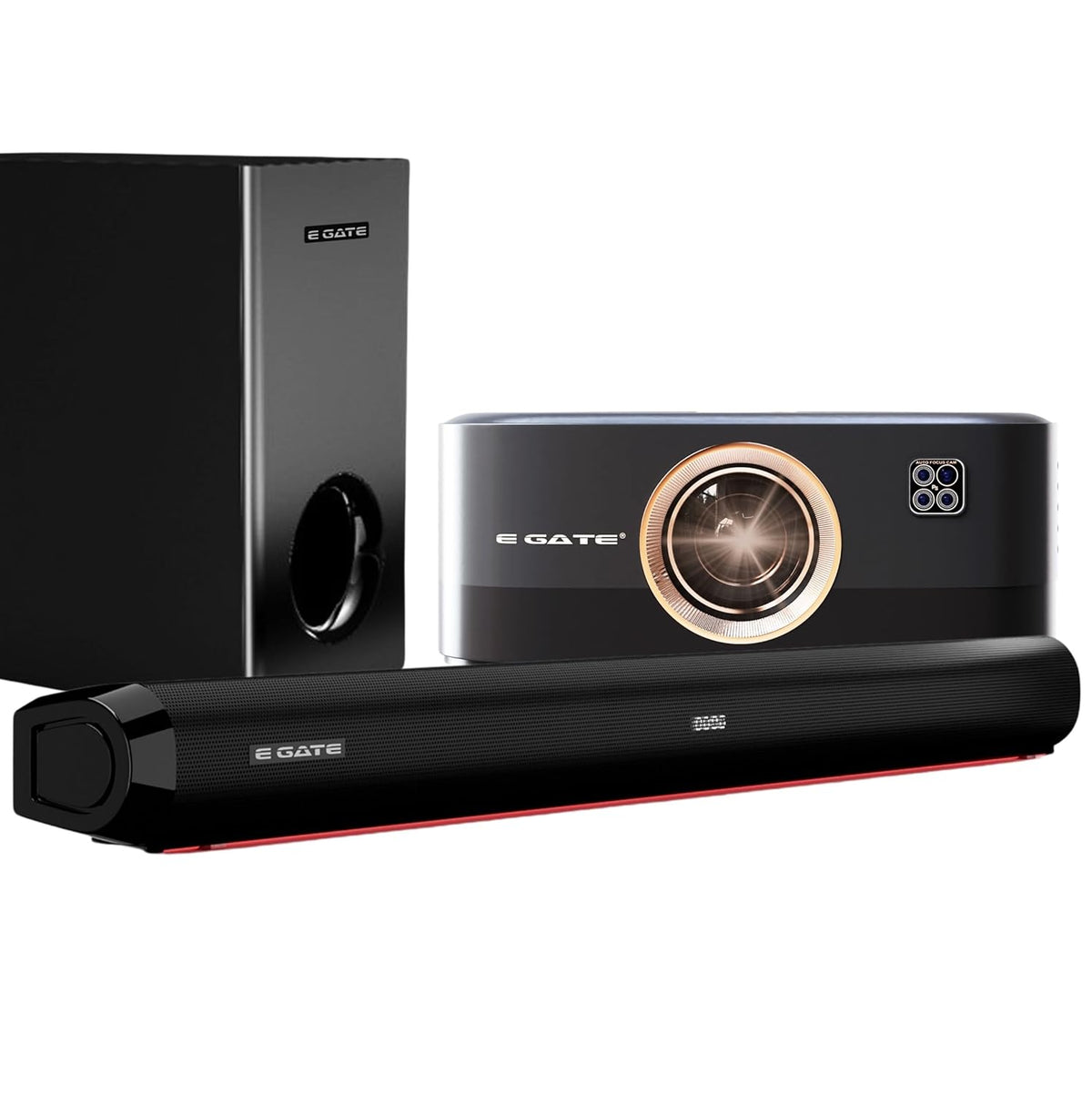 E Gate S9 Pro Gold, Complete Home Cinema Combo | Automatic Android Projector + 210W Soundbar with ARC | 1500 ANSI, 100% Dust Proof, FHD 1080 Native, 4K HDR, HDMI ARC, 1GB + 32GB, Google Voice Remote