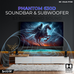 E GATE Phantom 630DW Soundbar 5.1 Dolby Audio, 540W Home Theatre Sound bar for TV with Wireless Subwoofer (16.5cm) & 2 Satellite Speakers | 3 EQ Mode, Bluetooth 5.3, HDMI-ARC, Optical, USB | eGate