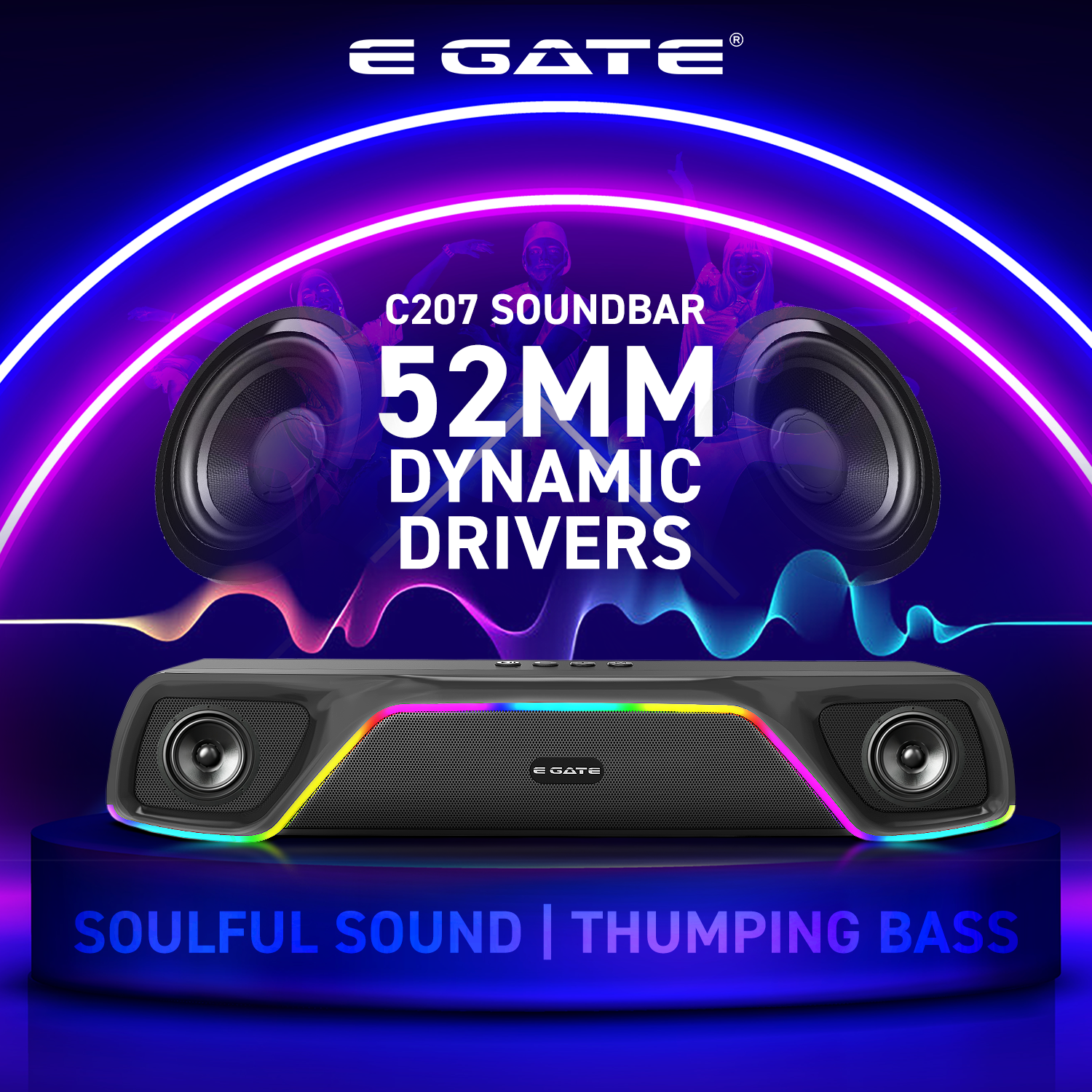E GATE C207 |18Watt Bluetooth Soundbar, 52mm Driver, 2.0 Channel, Ambient RGB Light, Upto 18 Hrs* Backup from 2000 mAH Battery, Hands Free Call, TWS, AUX, USB, mSD, FM, BT 5.4v - eGate Sound bar
