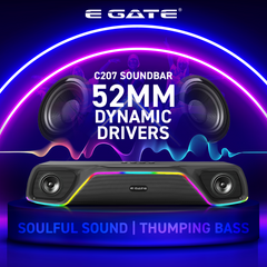 E GATE C207 |18Watt Bluetooth Soundbar, 52mm Driver, 2.0 Channel, Ambient RGB Light, Upto 18 Hrs* Backup from 2000 mAH Battery, Hands Free Call, TWS, AUX, USB, mSD, FM, BT 5.4v - eGate Sound bar