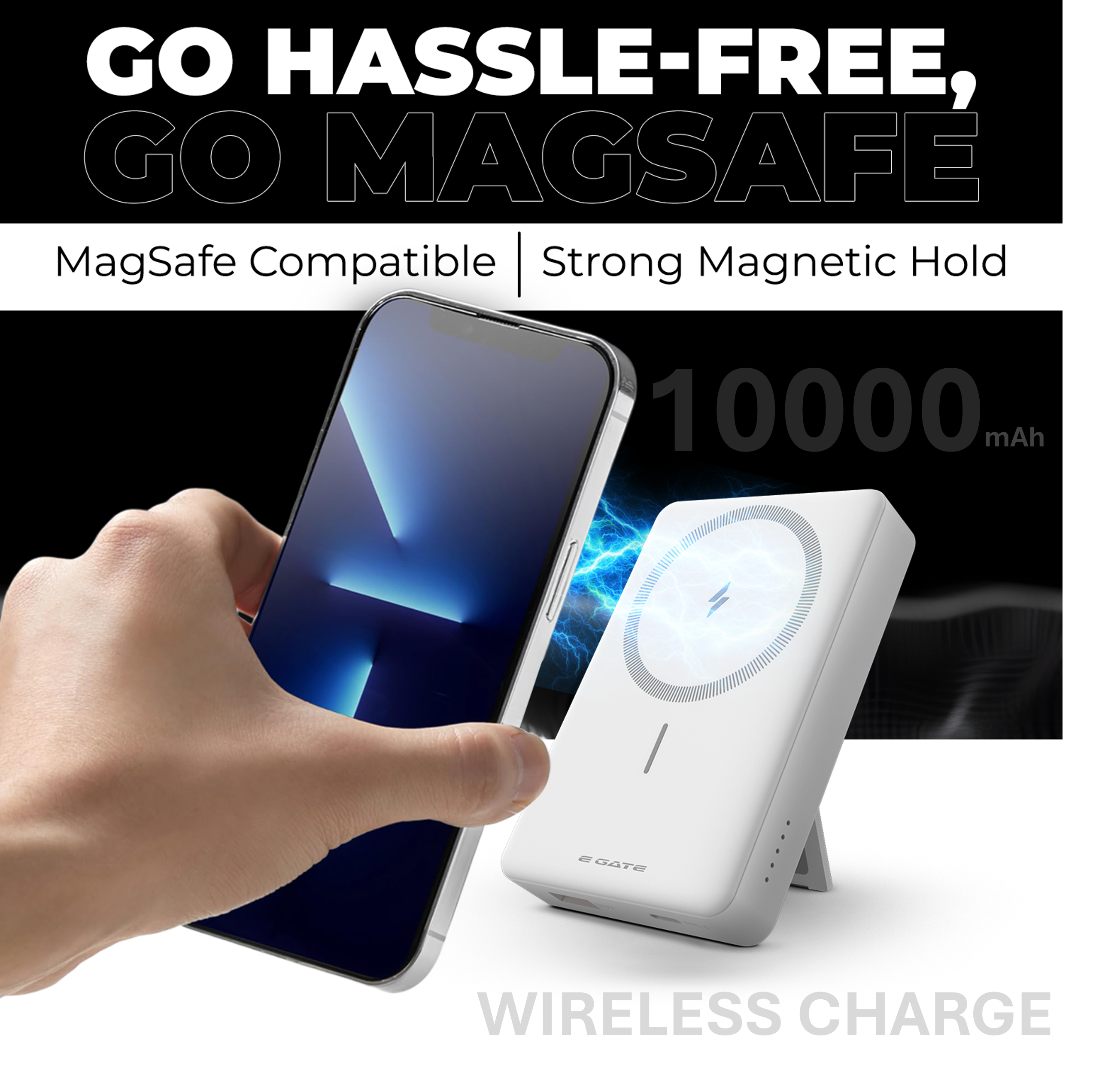 E GATE 117-BW Wirelesss Power Bank 10000mAh Fast Charging |Strong Magnetic Hold| QC+PD Fast Charger - 22.5W Wired & 15W Wireless powerbank for Android, iPhone 12 & Above | Inbuilt Stand |Made in India