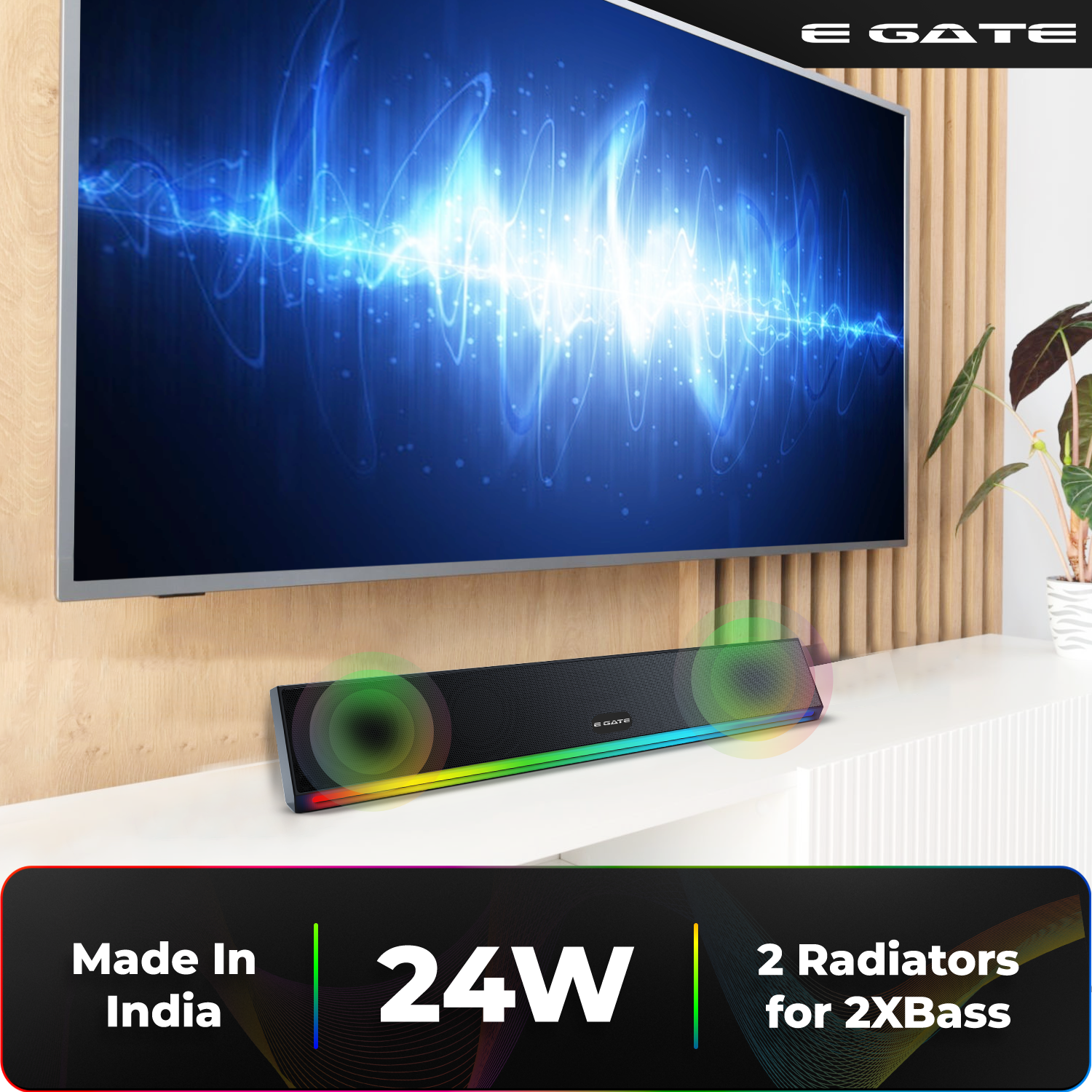 E GATE C222 | 24W Soundbar Bluetooth Speaker, Dual Drivers + Dual Passive Radiators for 2X Bass, Ambient RGB Light, Upto 9 Hrs Backup, Call Function, TWS, AUX, USB, mSD and FM - eGate Sound bar