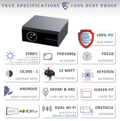 EGate Duster 10X 100% Dust Proof Automatic Android Projector, Ultra Bright 1000 ISO Lumens & 2100FC, Native 1080p & 4k Ultra HDR, 2 HDMI with ARC, Bluetooth & Dual-Band Wifi6, Android TV, 2GB + 32GB