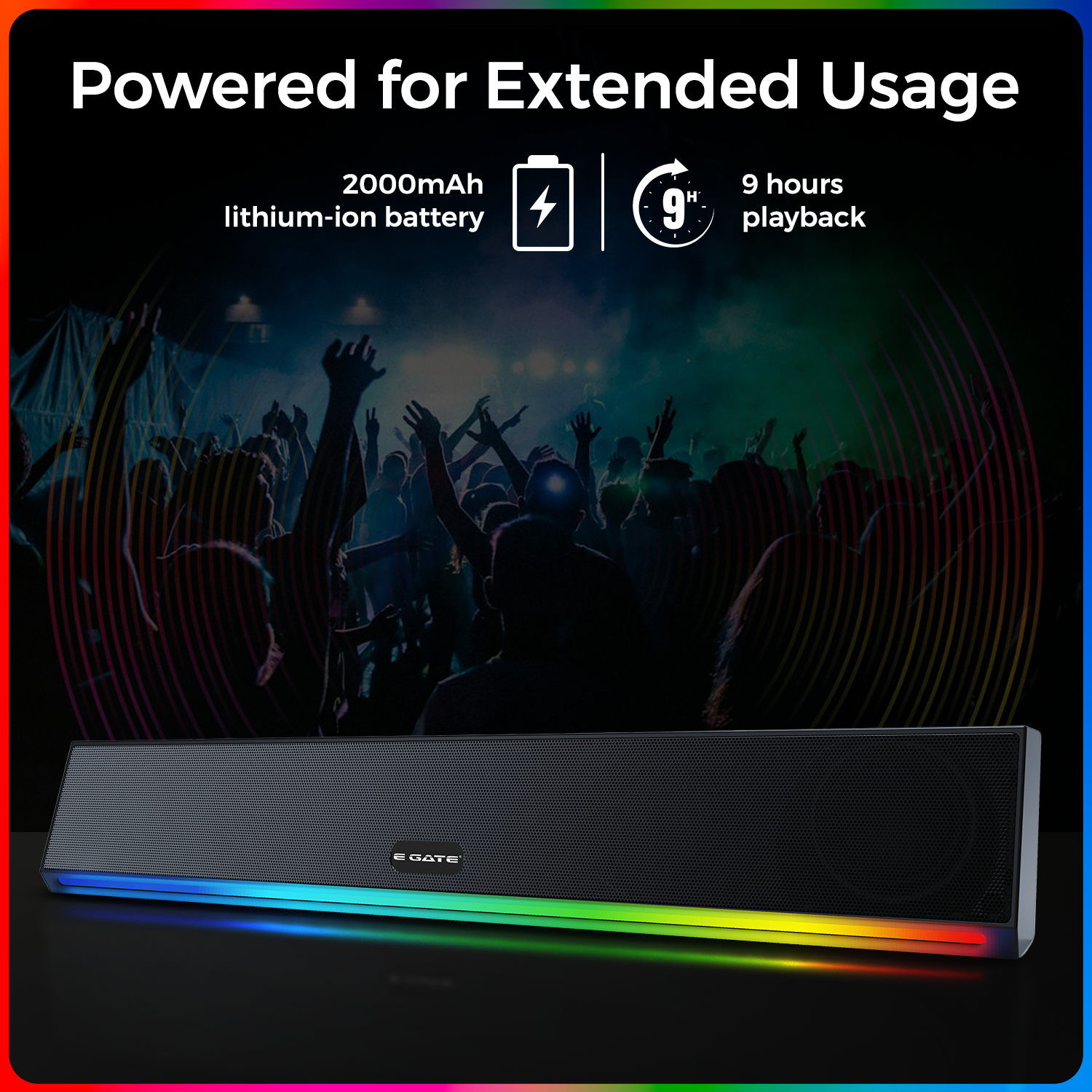 E GATE C222 | 24W Soundbar Bluetooth Speaker, Dual Drivers + Dual Passive Radiators for 2X Bass, Ambient RGB Light, Upto 9 Hrs Backup, Call Function, TWS, AUX, USB, mSD and FM - eGate Sound bar