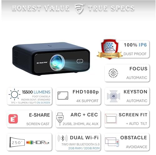 E Gate S9 Pro Home Theatre Combo | Automatic Android Projector + 210W Soundbar with ARC |100% Dust Proof, 1080 Native, 4k Support, 2-32GB, Bluetooth (Sound Bar and projectors for Home Cinema)