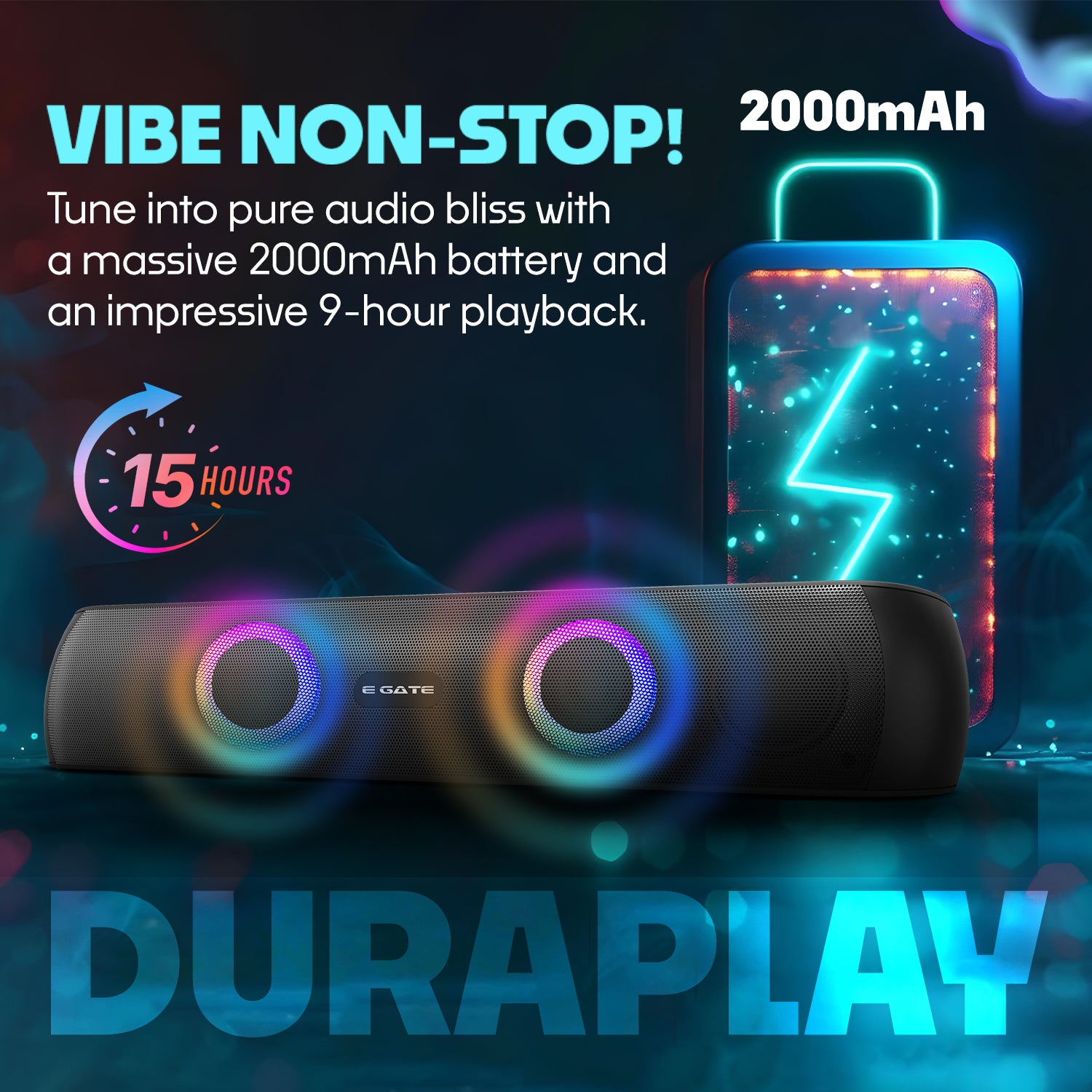 E GATE C210 | 20W Bluetooth Speaker Soundbar, Dual Drivers + Dual Passive Radiator for Extra bass, RGB Light, Upto 15 Hrs Backup from 2000mah Battery, Call Function, TWS, Aux, USB, FM