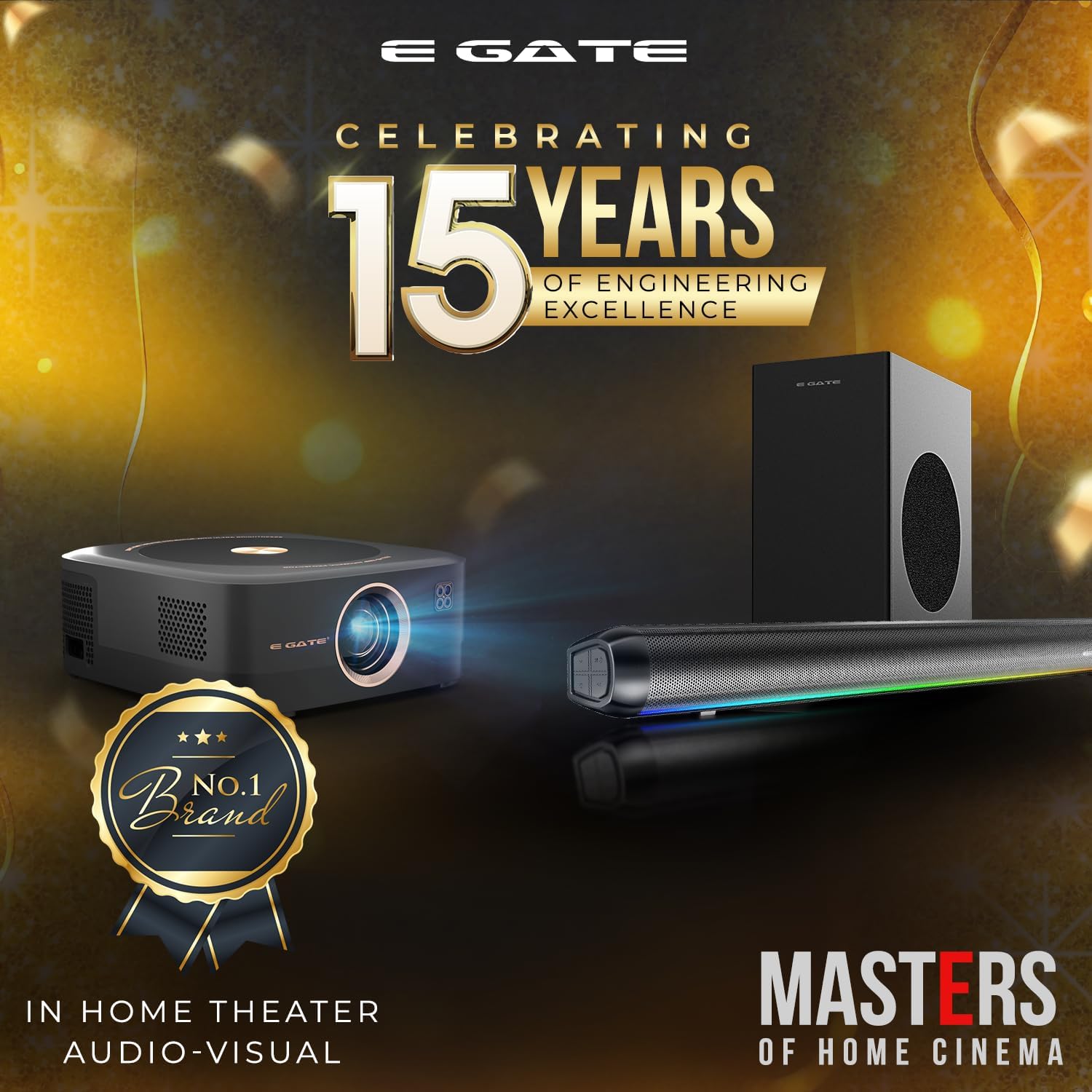 E Gate O9 Pro Gold, Complete Home Cinema Combo | Dual OS 4K Projector (Android+FTS) + 300W Dolby Soundbar with HDMI ARC | 100% Dust Proof, 2100 ANSI, Automatic, Native1080p, 2 HDMI with ARC, 2GB+32GB