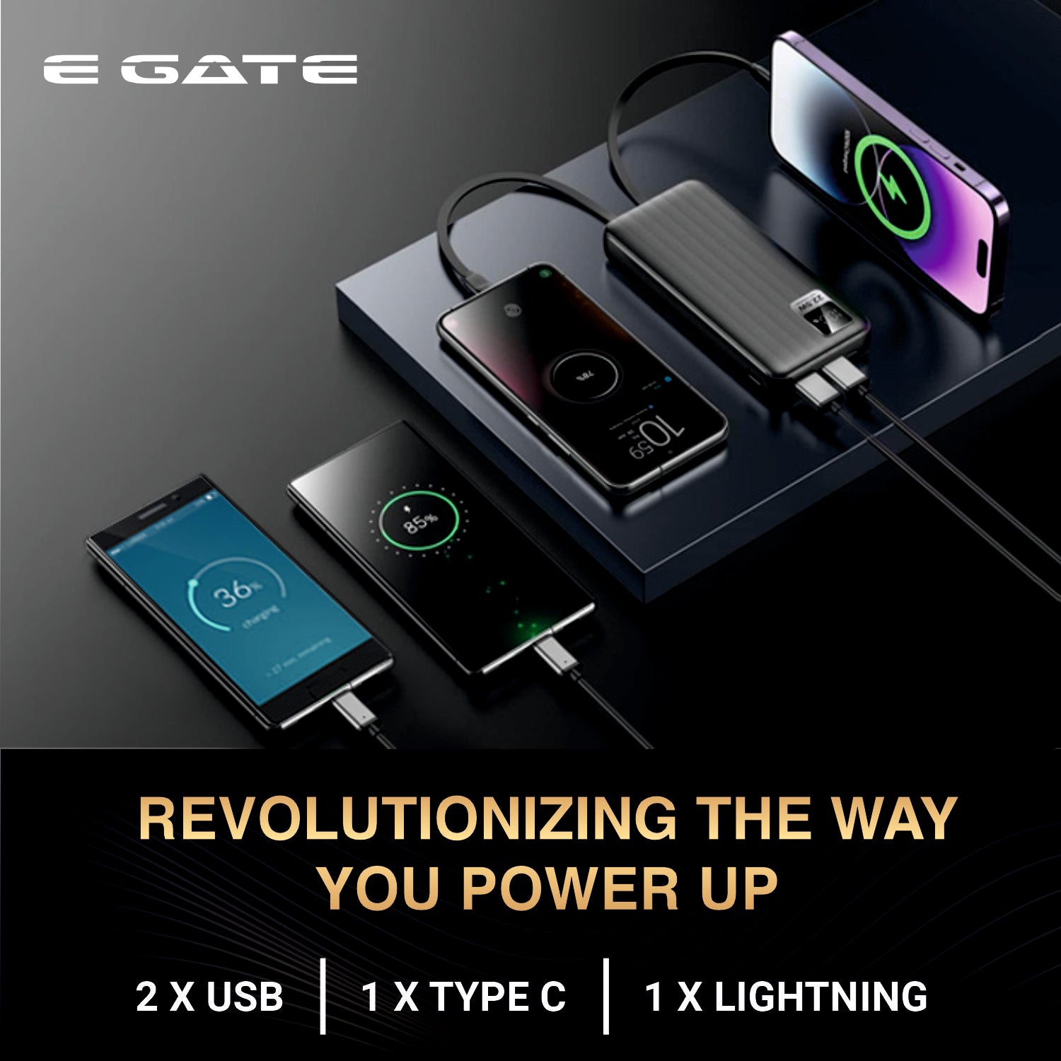 E Gate 207 B Power Bank 20000mah fast charging | Built-in Lightening & Type C Cable for iPhone, Android, TWS etc| Multi Device 22.5W Power Bank 4-in-1 Charger |USB X 2, Type C X 1 & Lightening (Black)