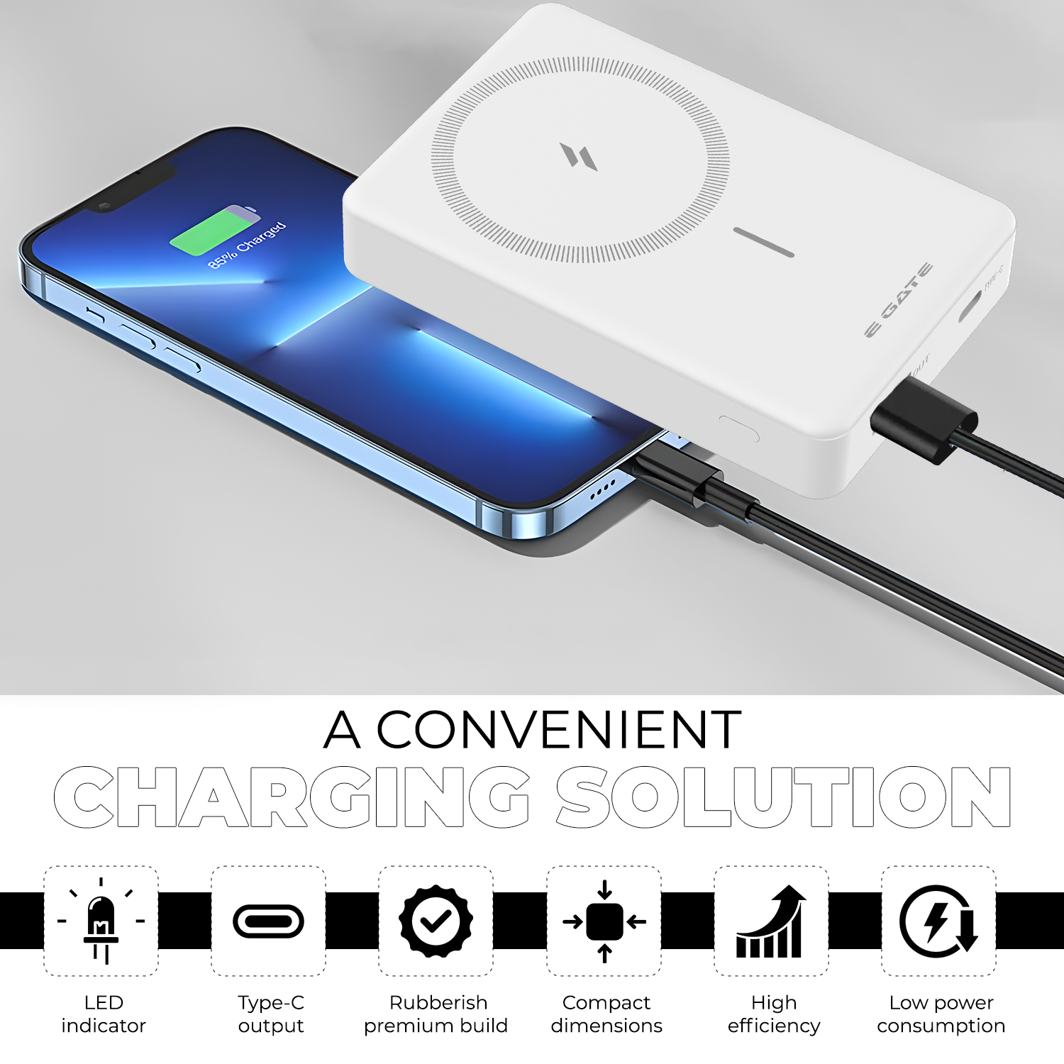 E GATE 117-BW Wirelesss Power Bank 10000mAh Fast Charging |Strong Magnetic Hold| QC+PD Fast Charger - 22.5W Wired & 15W Wireless powerbank for Android, iPhone 12 & Above | Inbuilt Stand |Made in India