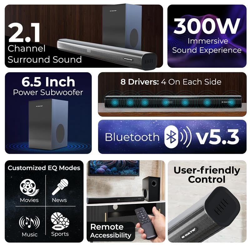 E GATE Octopus 330 Sound bar with 300W Sourround Sound, 8 DRIVERS Home Theatre 2.1 Ch. Soundbar + 6.5" (16.5cm) Subwoofer | Bluetooth v5.3, USB, HDMI ARC, Optical in | Deep Bass with 3EQ Modes | eGate