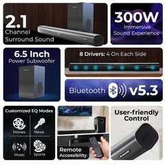 E GATE Octopus 330 Sound bar with 300W Sourround Sound, 8 DRIVERS Home Theatre 2.1 Ch. Soundbar + 6.5" (16.5cm) Subwoofer | Bluetooth v5.3, USB, HDMI ARC, Optical in | Deep Bass with 3EQ Modes | eGate