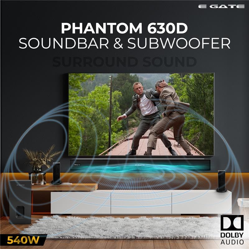 E GATE Phantom 630D Dolby Audio 540W Soundbar, Home Theatre 5.1 Channel Sound bar for TV with Wired Subwoofer (16.5cm) & 2 Satellite Speakers, 3 EQ Mode, Bluetooth 5.3, HDMI-ARC, Optica, USB | eGate