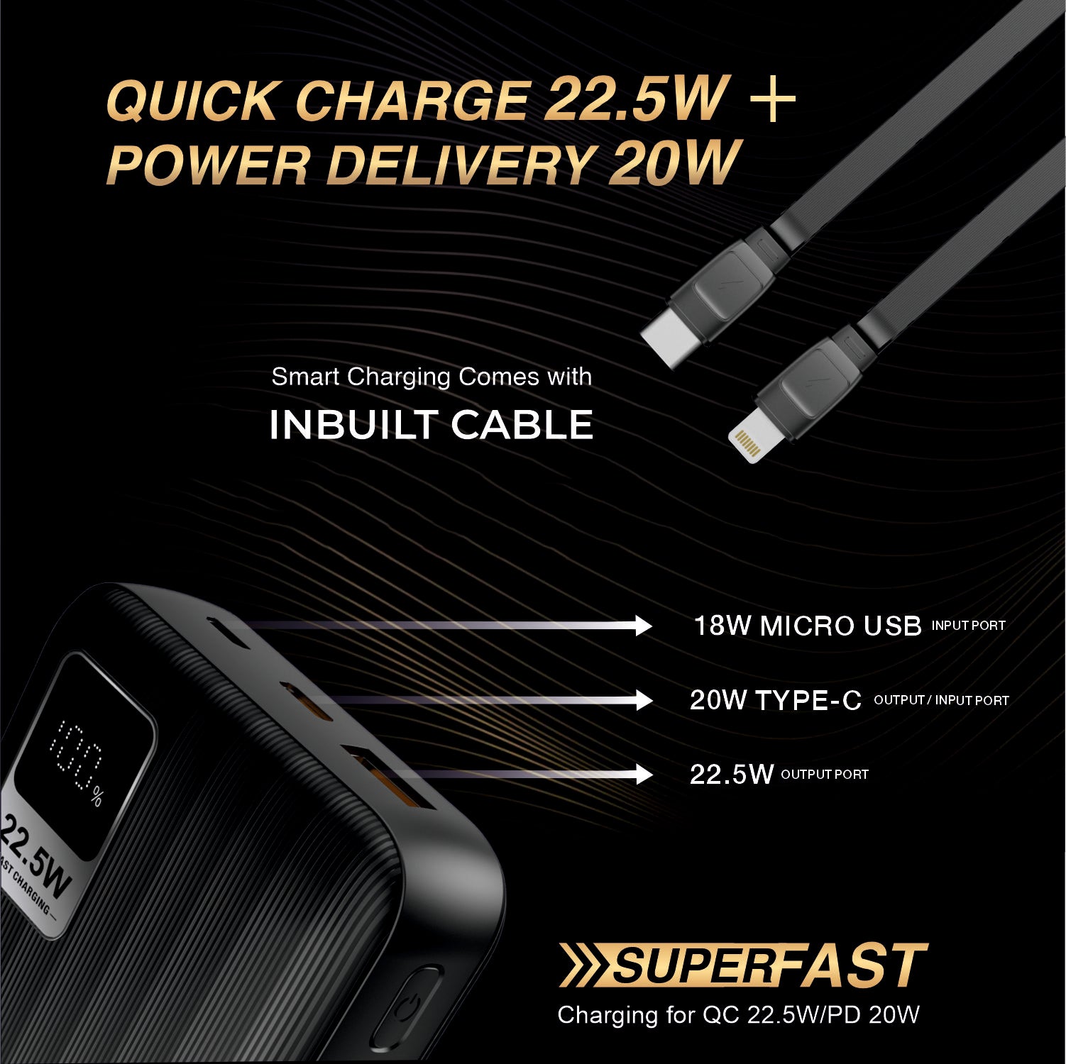 E Gate 207 B Power Bank 20000mah fast charging | Built-in Lightening & Type C Cable for iPhone, Android, TWS etc| Multi Device 22.5W Power Bank 4-in-1 Charger |USB X 2, Type C X 1 & Lightening (Black)