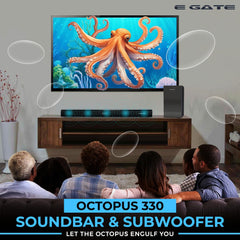 E GATE Octopus 330 Sound bar with 300W Sourround Sound, 8 DRIVERS Home Theatre 2.1 Ch. Soundbar + 6.5" (16.5cm) Subwoofer | Bluetooth v5.3, USB, HDMI ARC, Optical in | Deep Bass with 3EQ Modes | eGate