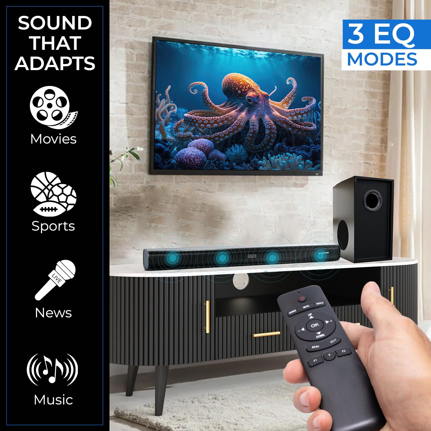 E GATE Octopus 330 Sound bar with 300W Sourround Sound, 8 DRIVERS Home Theatre 2.1 Ch. Soundbar + 6.5" (16.5cm) Subwoofer | Bluetooth v5.3, USB, HDMI ARC, Optical in | Deep Bass with 3EQ Modes | eGate