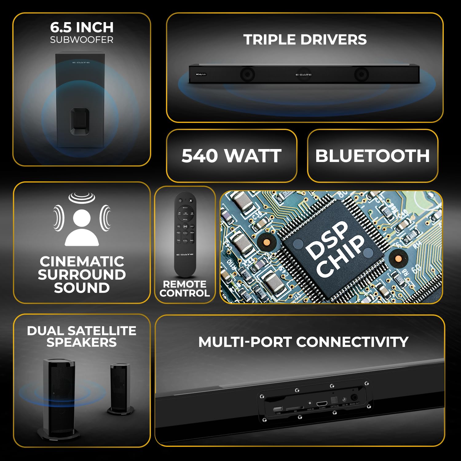 E GATE Phantom 630D Dolby Audio 540W Soundbar, Home Theatre 5.1 Channel Sound bar for TV with Wired Subwoofer (16.5cm) & 2 Satellite Speakers, 3 EQ Mode, Bluetooth 5.3, HDMI-ARC, Optica, USB | eGate