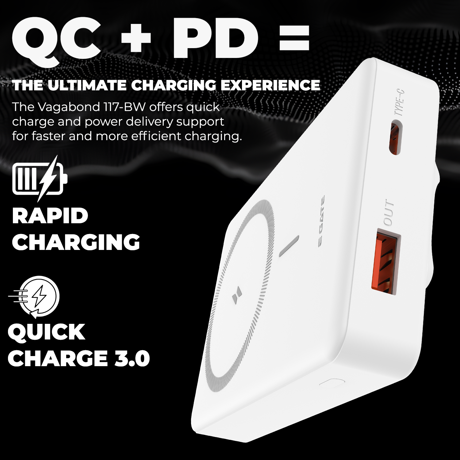 E GATE 117-BW Wirelesss Power Bank 10000mAh Fast Charging |Strong Magnetic Hold| QC+PD Fast Charger - 22.5W Wired & 15W Wireless powerbank for Android, iPhone 12 & Above | Inbuilt Stand |Made in India