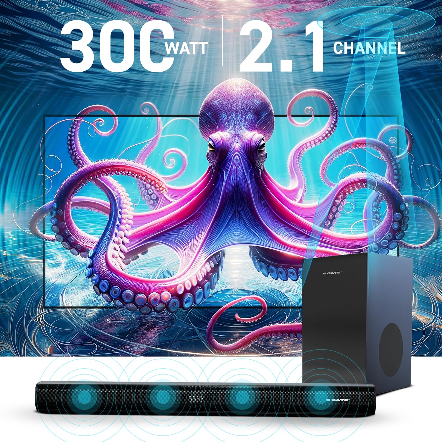 E GATE Octopus 330 Sound bar with 300W Sourround Sound, 8 DRIVERS Home Theatre 2.1 Ch. Soundbar + 6.5" (16.5cm) Subwoofer | Bluetooth v5.3, USB, HDMI ARC, Optical in | Deep Bass with 3EQ Modes | eGate