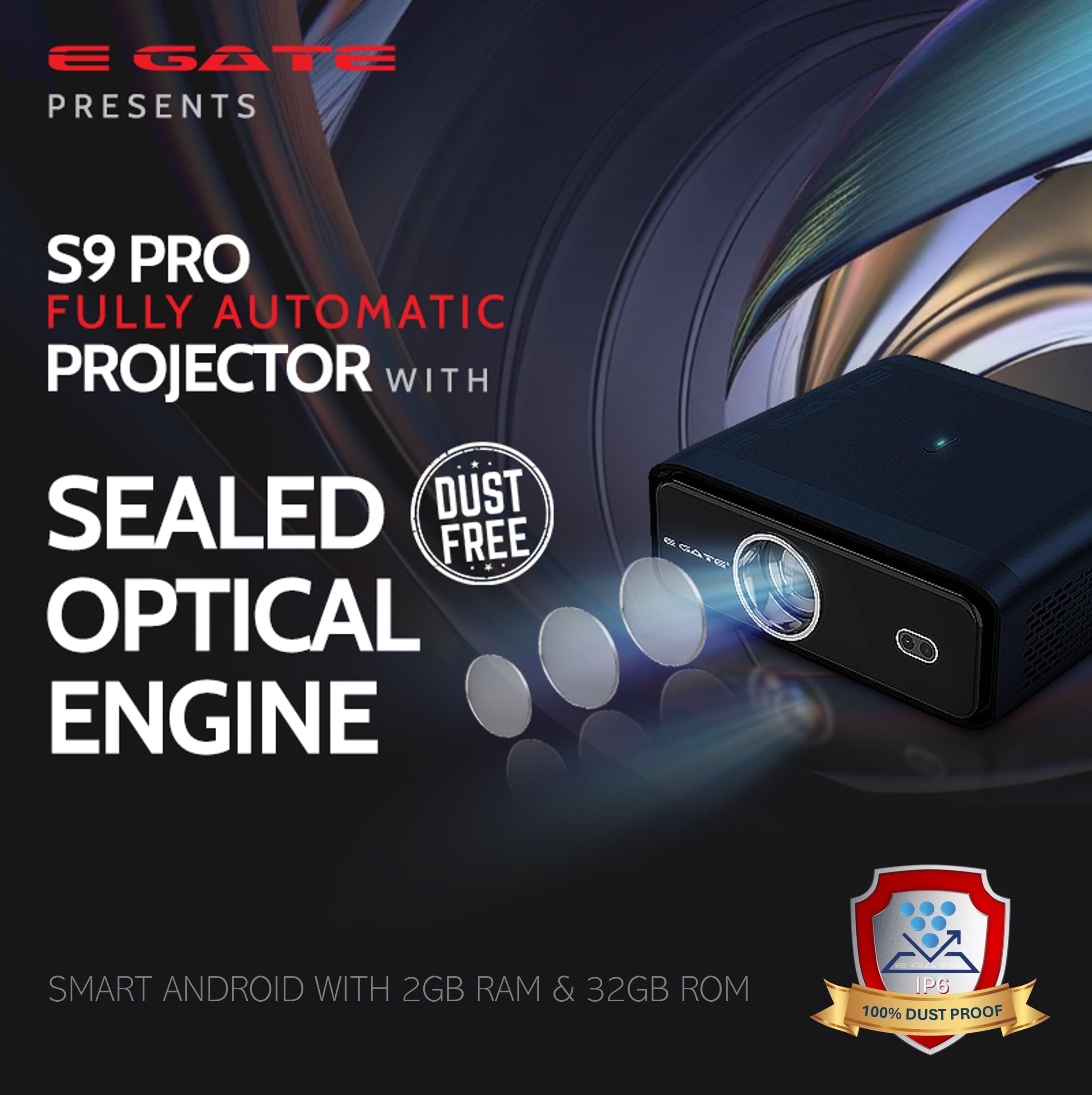 E Gate S9 Pro Home Theatre Combo | Automatic Android Projector + 210W Soundbar with ARC |100% Dust Proof, 1080 Native, 4k Support, 2-32GB, Bluetooth (Sound Bar and projectors for Home Cinema)