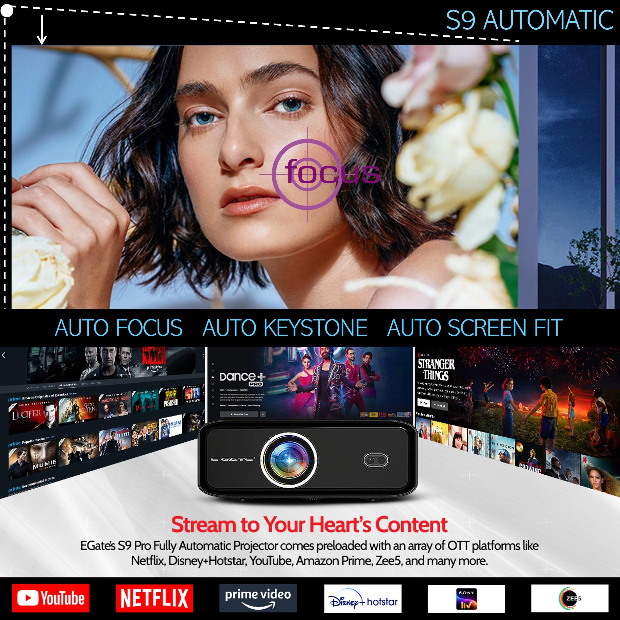 E Gate S9 Pro Home Theatre Combo | Automatic Android Projector + 210W Soundbar with ARC |100% Dust Proof, 1080 Native, 4k Support, 2-32GB, Bluetooth (Sound Bar and projectors for Home Cinema)